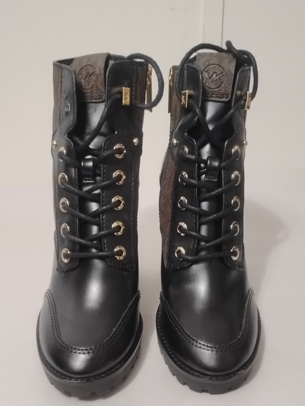Michael Kors Rhylee Monogram Black Leather Lace-Up Combat Boots